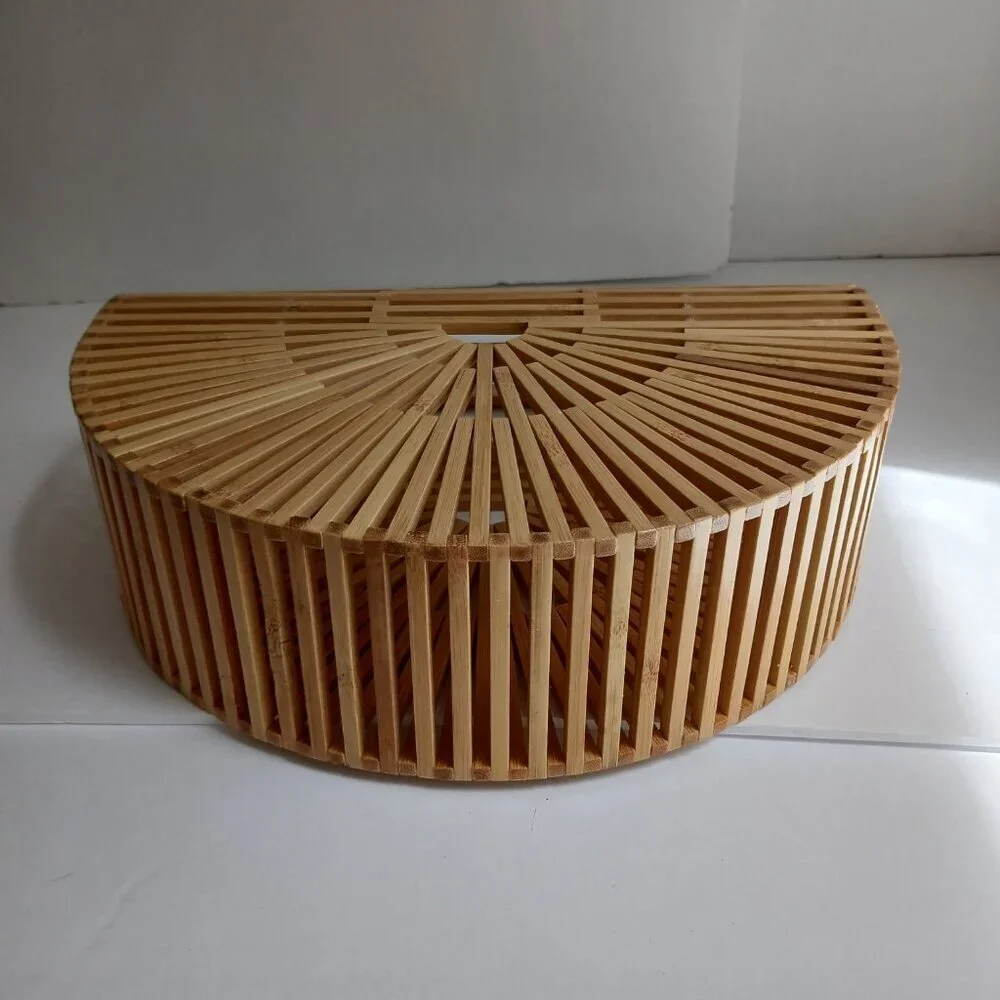 Woven Rattan Tan Bamboo Semi Circle Arc Satchel Bag